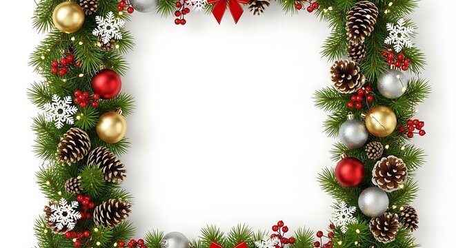Christmas wreath border with pinecones ornaments and snowflakes on white