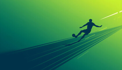 Fototapeta premium ​Minimalist graphic silhouette of a soccer player kicking a ball on a green gradient background