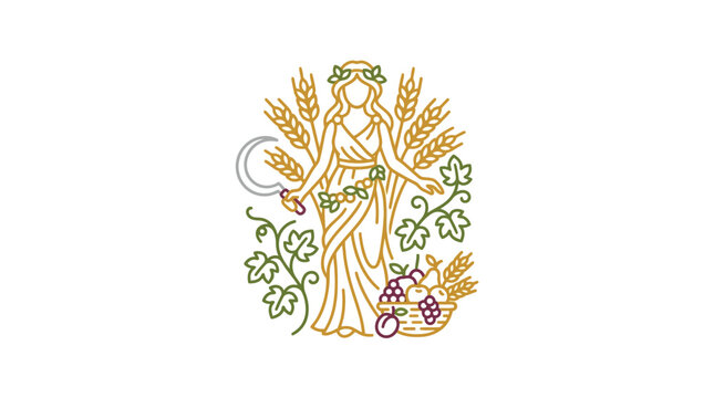 Harvest goddess holding wheat with grapes and cornucopia.