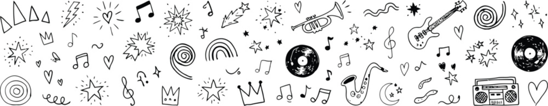 Black and white hand drawn music and celebration doodles music notes