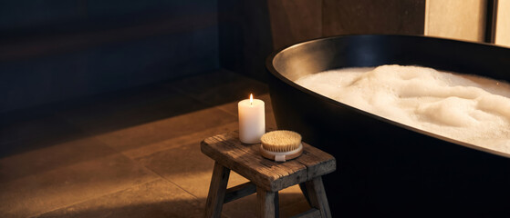 Obraz premium Matte black freestanding soaking tub with bath foam and a glowing candle, offering deep dark copy space for luxury winter wellness retreats.