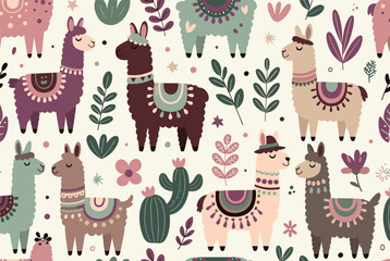 Fototapeta premium Cute llama and alpaca seamless pattern features desert plants, cacti, and colorful flowers in a whimsical and charming nursery style.