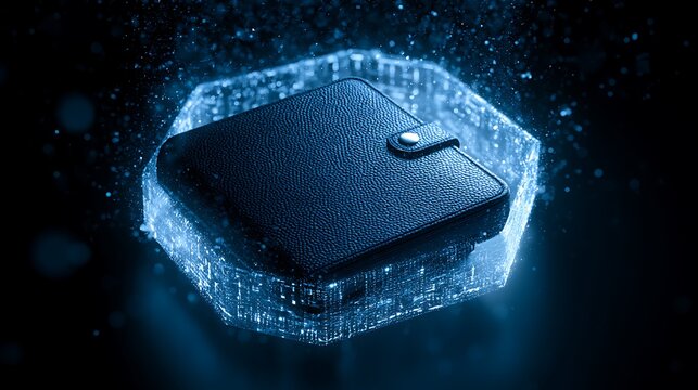 Cryptocurrency wallet protected by hexagonal energy shield, blockchain encryption particles