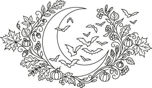 Autumn colour pumpkin halloween wreath crescent moon with bats and fall foliage line art.