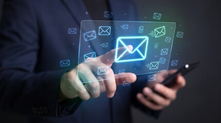 Fototapeta premium Businessman touching a holographic email interface display while holding his smartphone in a dark professional setting representing digital communication and modern workflow systems