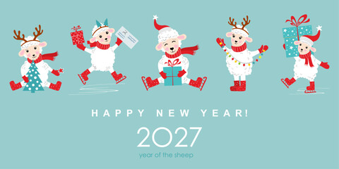 Naklejka premium New Year greeting card. Winter holiday doodle character. Festive and cheerful winter vector illustration. Flat style design. Chinese Zodiac Lunar New Year 2027