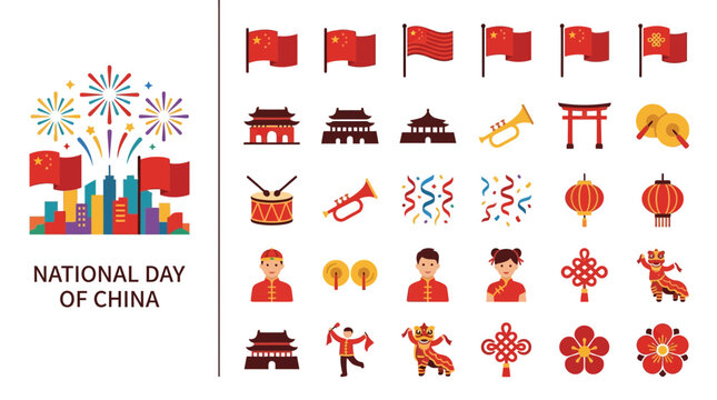 China National Day Celebration Icons and Symbols Set