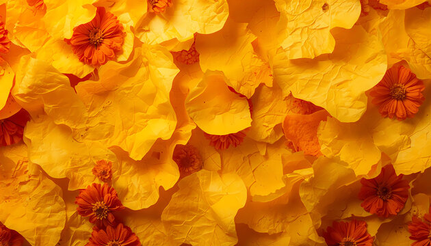 Abstract texture background of crumpled yellow paper sheets and orange flower petals