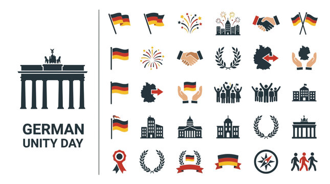 German Unity Day Icons Set with Berlin Landmarks and Flag Symbols