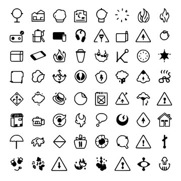 Icons set with an 8x8 grid of 64 minimalist black and white symbols featuring household items, weather conditions, safety signs with precision lines and symmetrical layout