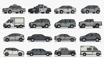Industrial Style of Diverse Vehicles Including Taxis Police Cars Vans SUVs and Pickup Trucks in Monochrome © Putra