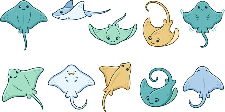 Cute cartoon stingray character vector illustration set showcasing friendly sea creatures manta rays in different colors swimming and smiling isolated on white background