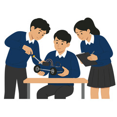 Obraz premium Group of school students collaborating on a science project building a toy car in classroom.