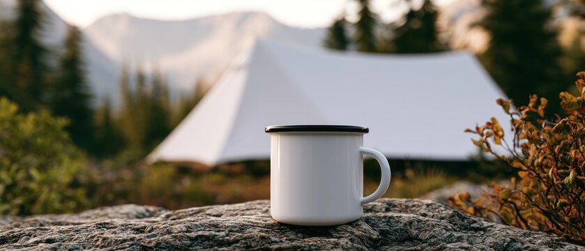 White enamel mug on rock with tent and mountains