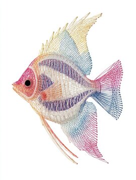 Colorful Pointillism Angelfish Illustration Created With Tiny Dots On A Clean White Background