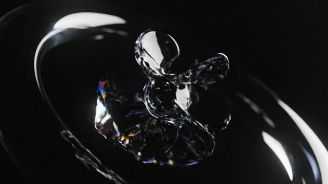 Abstract rendering of a crystal morphing and twisting in a dark environment creating a dynamic effect