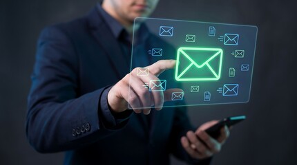 Obraz premium Business professional using smartphone and interactive holographic display with email notification symbols to manage digital communication and corporate workflow in office
