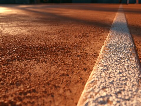 Clay tennis court line close up at sunset