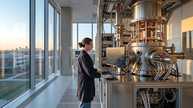 Modern office interior with employee working at desk.