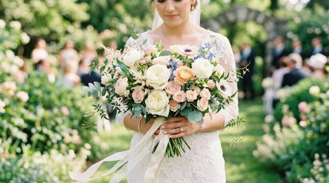 A bride holding a bouquet of flowers in a garden setting.