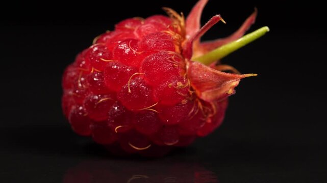 Macro shot of a single fresh raspberry slowly rotating on a black background, studio light.