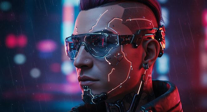 Futuristic Techno Portrait with Neon Overlay.