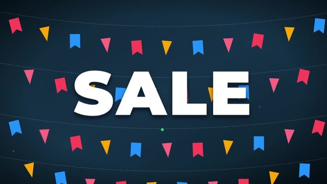 Bold SALE banner with colorful triangular flags on dark background. Retail discount promotion for e-commerce and storefront advertising.