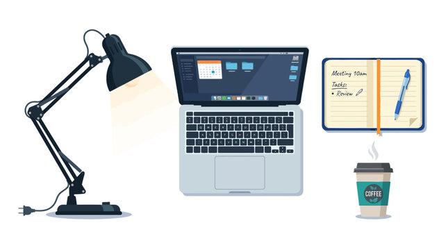 A modern workspace setup with a laptop, lamp, notebook, and coffee cup on a desk indoors.