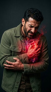 Man clutching chest experiencing heart attack. Visual representation of chest pain with glowing anatomy overlay. Concept of healthcare, emergency, cardiovascular disease and physical distress.