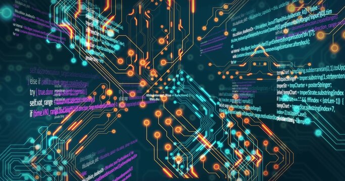 Camera moving forward, luminous circuit network pulsing and revealing floating code for tech demo