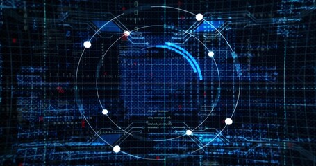 Naklejka premium HUD ring appearing initiating blue arc rotating nodes pulsing code scrolling showing system status