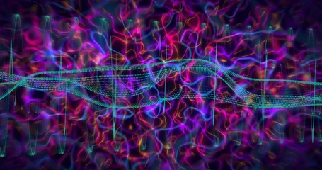 Oscillating teal dotted wave ribbons weaving across dark backdrop with neon tendrils, cyan spikes © vectorfusionart