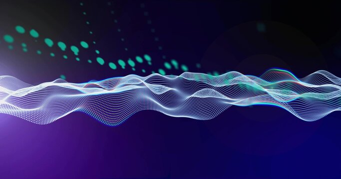 Flare sparking layered waveform moving on navy field rising peaks showing numbers teal dots forming