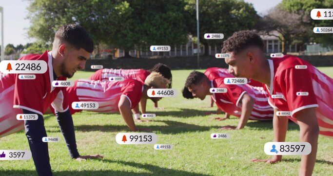 Soccer players doing sync push-ups, camera pullback revealing floating badges growing for tracking