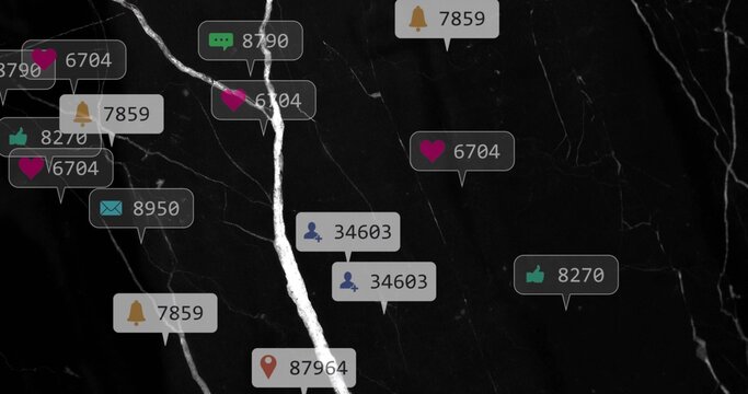 Notification badges spawning from activity, clustering on marble backdrop, showing social metrics