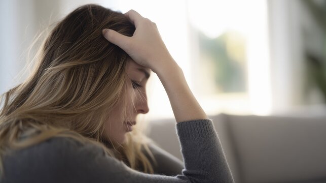 Woman sitting on couch with hand on head, showing signs of stress and discomfort during late afternoon at home