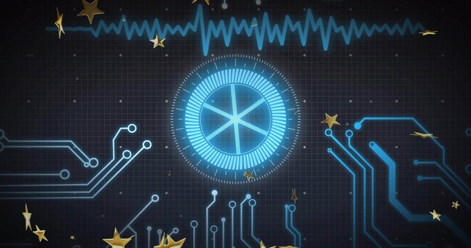 Glowing blue HUD pulsing, gold stars appearing above, drifting down, adding accent to dark panel
