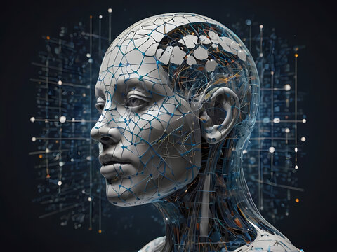 Human Consciousness Cyborg Brain Data Visualization, Artificial Intelligence, Neural Network, Digital Mind, Machine Learning, Futuristic Technology Illustration