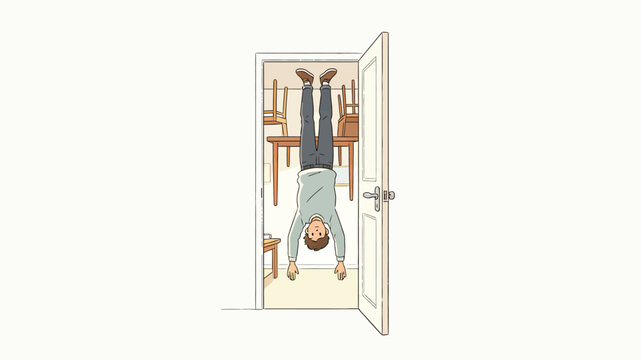 Minimalist Cartoon: Boy Doing Headstand in Open Doorway with Wooden Furniture