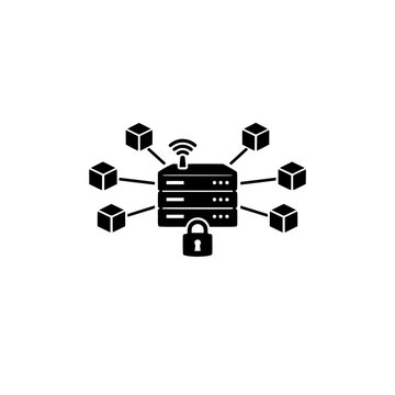 Secure server icon with connected data blocks isolated on white background 