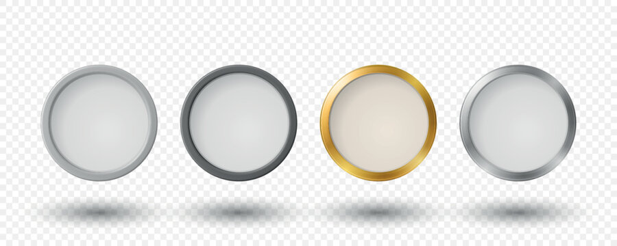 Vector 3d Round Metallic Frame Set. Circle Border, Blank Clock Face, Coin, Medal, Badge and Button Frame in Silver Gold Gray Chrome Style Isolated