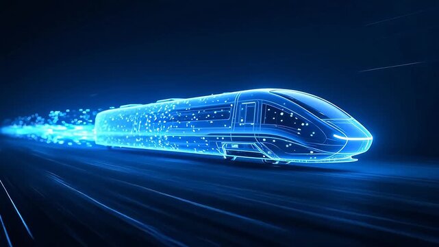 Futuristic blue bullet train in dark space