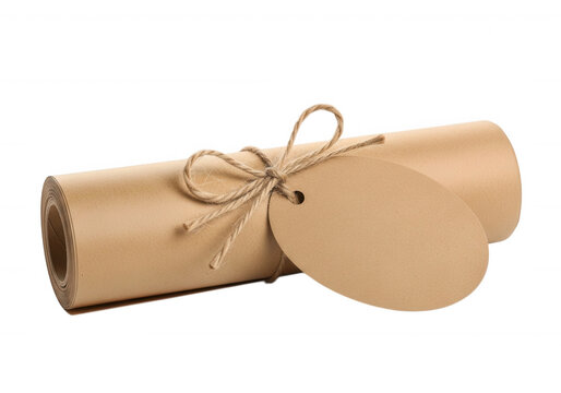 Kraft paper roll with blank tag isolated on transparent background