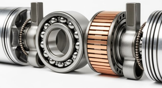 A detailed closeup of internal motor parts including a steel ball bearing and copper commutator alongside metal laminations and pistons, lubricant, engineering, engine