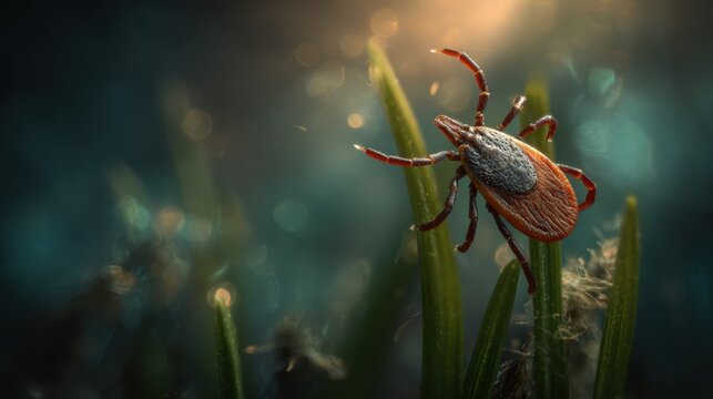 Close view of a tick sitting on a blade of grass in the woods during the late afternoon