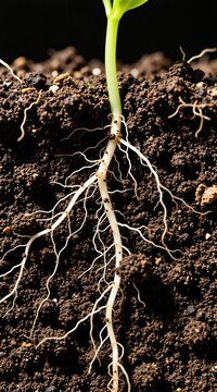 Plant sprout with white roots grows in dark soil. Detailed macro view shows underground structure and new life emerging from earth. Natural process of development.
