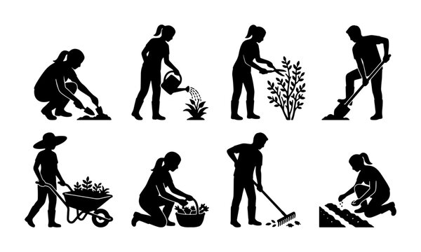 Gardening Silhouettes Set, 8 Diverse Actions: Planting, Watering, Weeding, Digging, Wheelbarrow, Raking, Cultivating, Vector Icons for Outdoor Activities and Horticulture