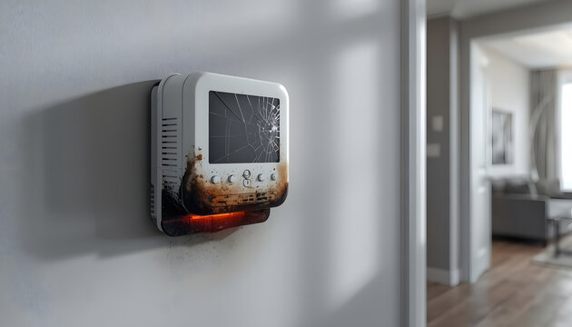 Smart Thermostat with Rusty Corrosion on White Wall in Modern Home