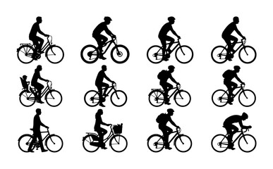 Obraz premium Diverse Bicycle Silhouettes Collection: Cyclists in Action, Mountain Bikes, Road Bikes, City Commuters, 12 Vector Icons for Sport and Lifestyle Graphics
