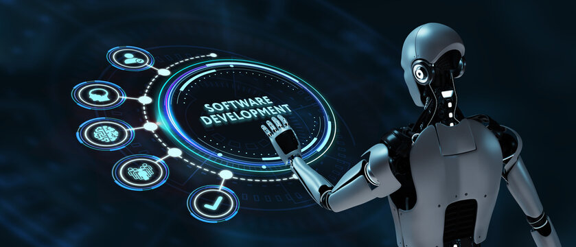 Inscription Software Development on the virtual display. Business, modern technology, internet and networking concept. 3d illustration